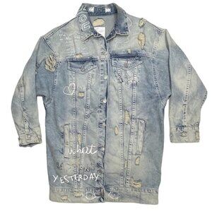 ZARA TRAFALUC DENIM Destroyed‎ Graffiti Long Jean Jacket Women Small 90s Grunge